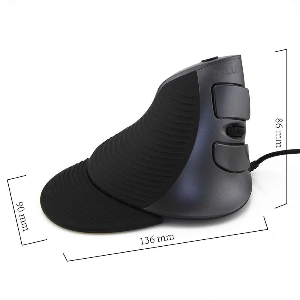 Ergonomic vertical wired optical mouse in black and white options for desktop computers
