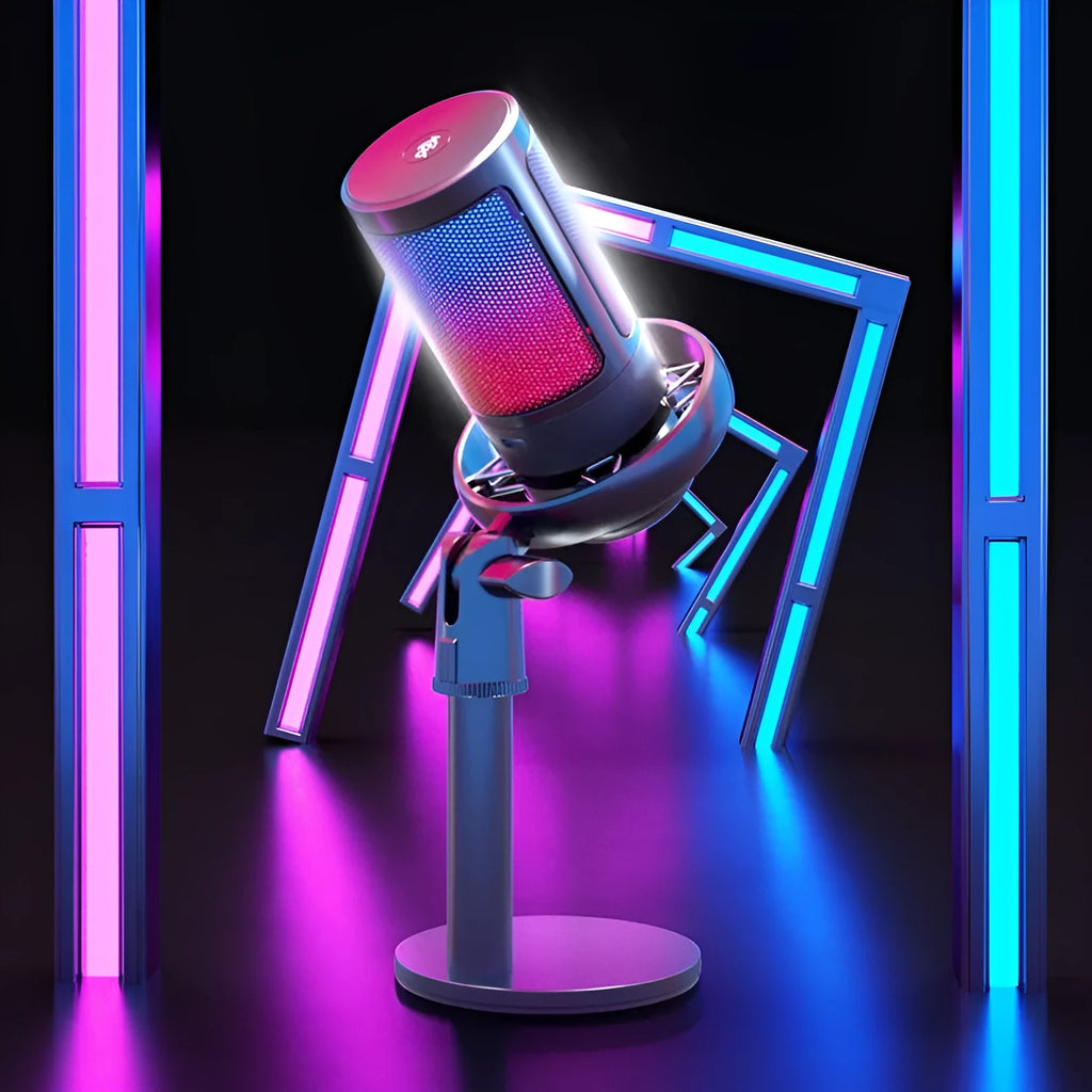 USB condenser microphone with colourful light effects showing heart-shaped polar pattern diagram