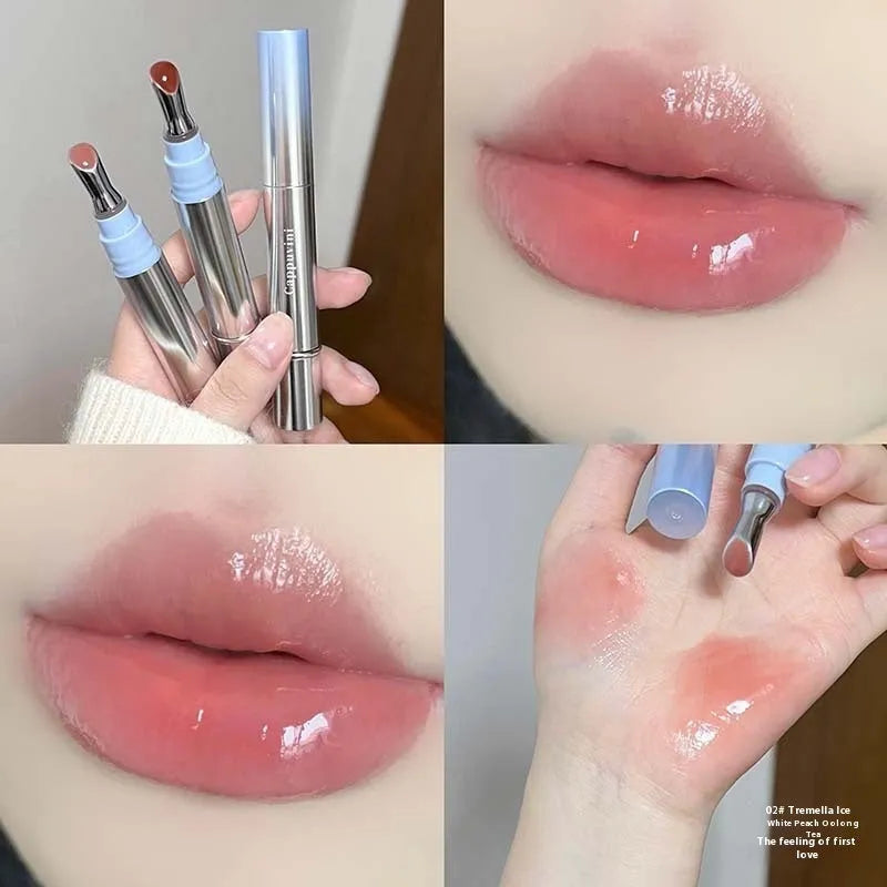 Mirror water light lip gloss lipstick showing six translucent shades in compact case.