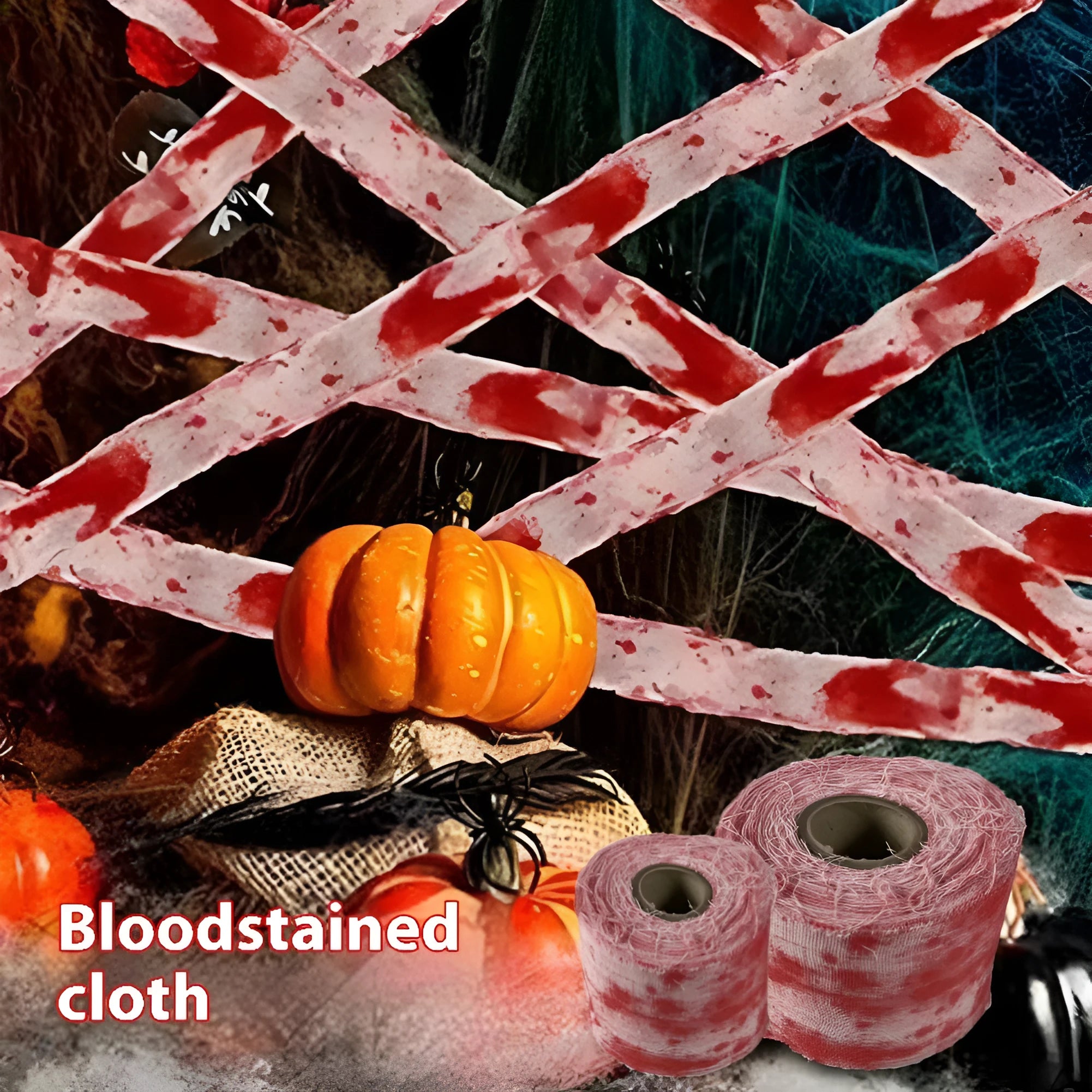 Halloween bloody cloth gauze bandage roll showing 8cm width and polyester material texture