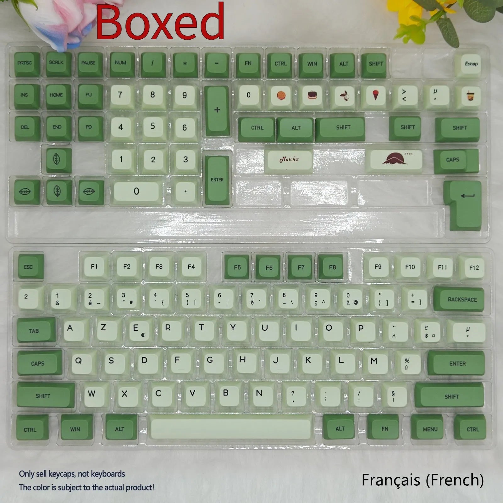 124 Key Matcha green and beige PBT keycap set for mechanical keyboards, showing multiple language layout options.