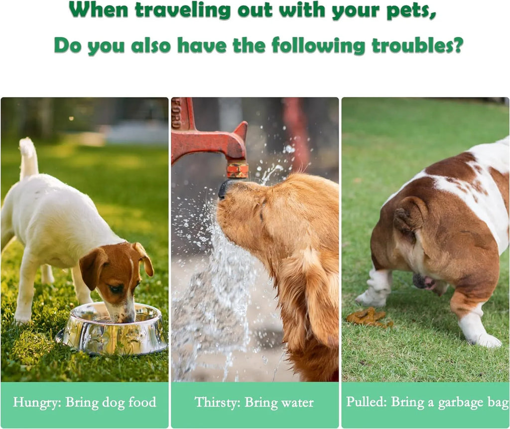 Green pink and white 3 in 1 portable pet water bottle with food container and bag dispenser