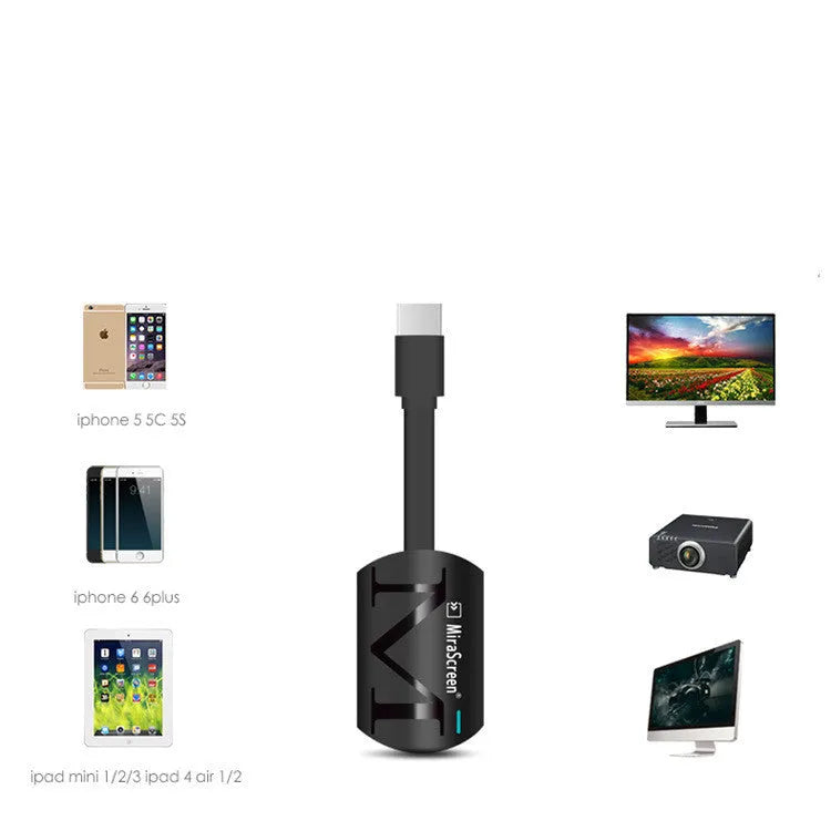 Black USB smart phone TV dongle for HD 1080p screen mirroring and video playback.