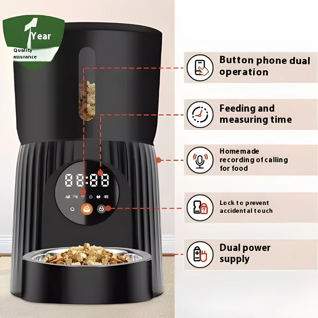 Black and white automatic pet feeder with mobile app remote control and USB power connection