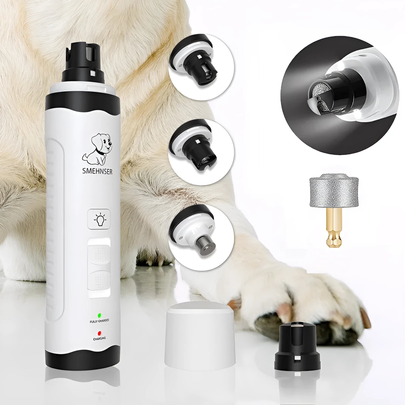 Automatic electric dog nail trimmer with LCD screen, LED lights, and dust collection chamber.