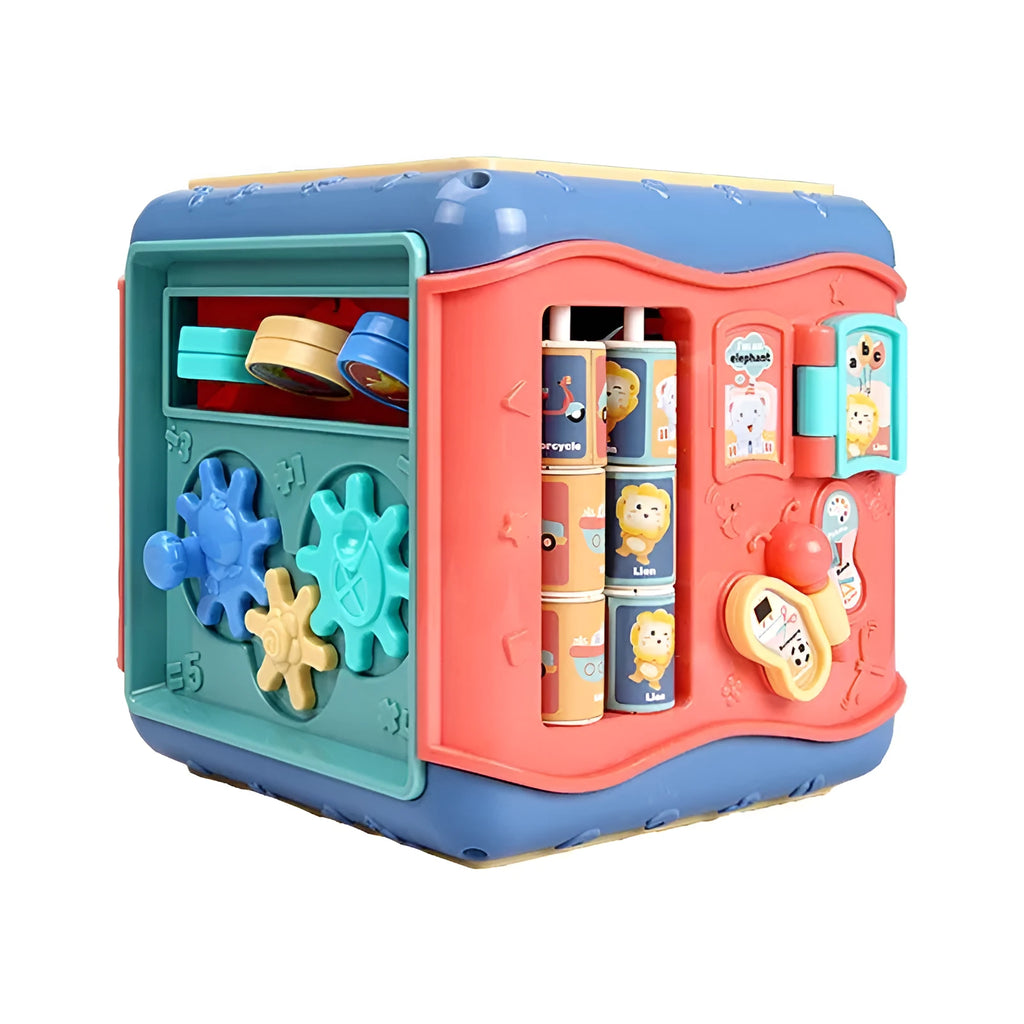 Baby educational hexahedron cube with six activity sides including bead maze and clock