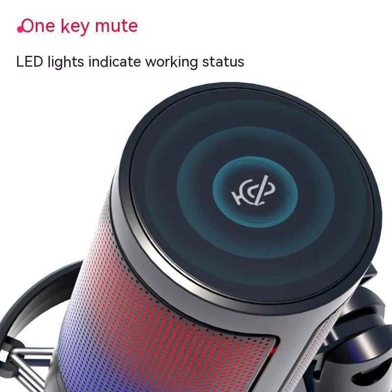 Condenser microphone with RGB lighting in black, white, or pink colours for USB computer recording.