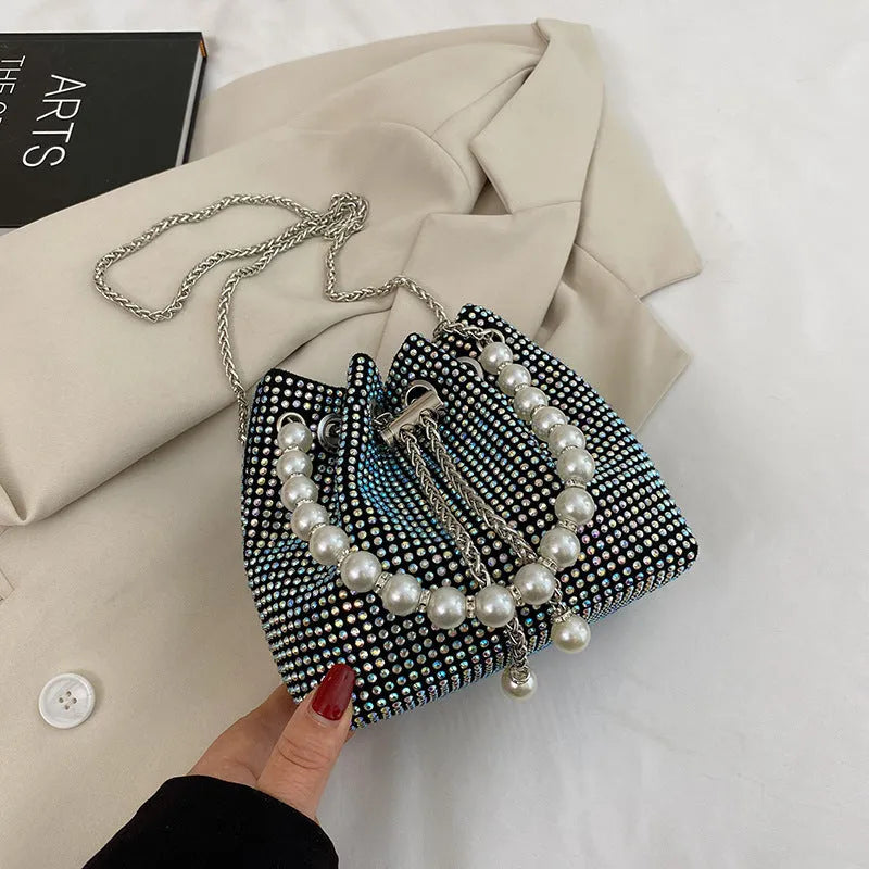 Women's diamond pattern PU leather crossbody bucket bag with western chain strap in choice of colours