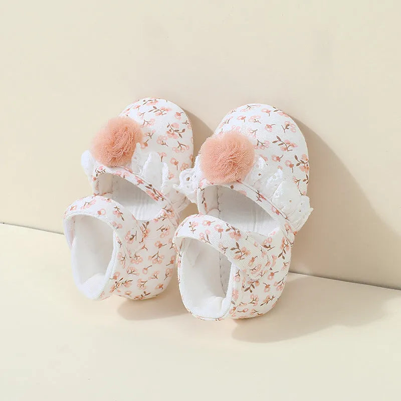 Children's cotton floral princess shoes with Velcro fastening, low top, small flower heels