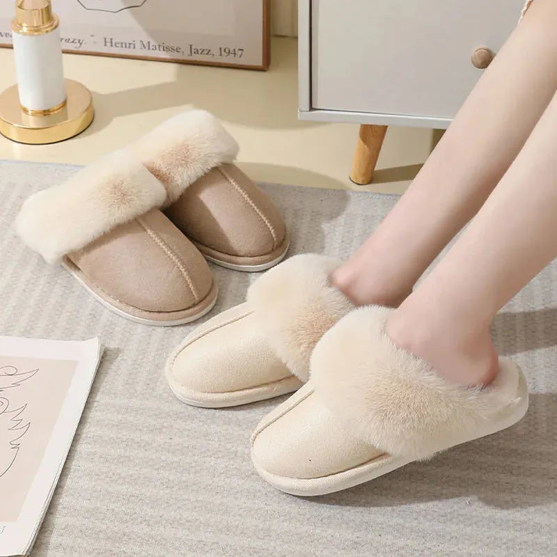 Women's winter plush slippers with artificial wool lining and non-slip PVC soles in various colours