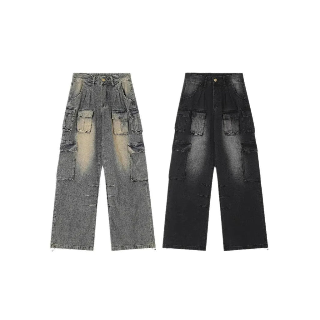 Loose-fit distressed denim jeans with multiple tooling pockets in light blue colour