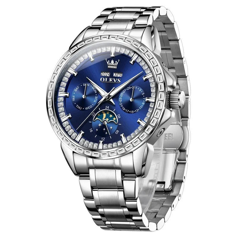 Men's stainless steel automatic watch with diamond dial and transparent case back.