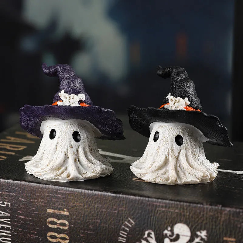 Purple and black resin wizard hat ghost ornaments for Halloween and Christmas seasonal displays