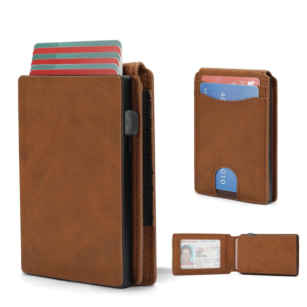 Men's slim RFID-blocking card holder wallet in black microfiber synthetic leather.