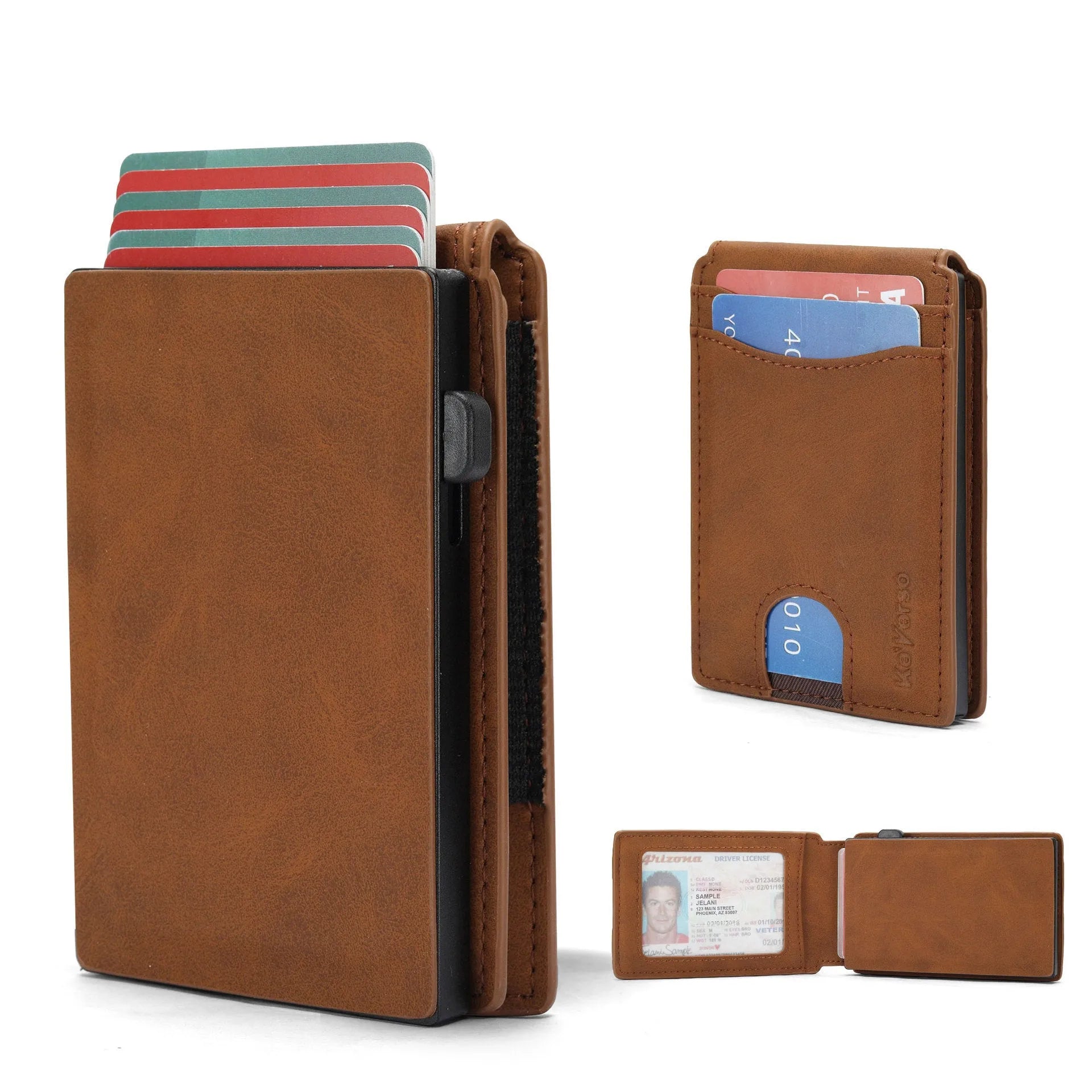 Men's slim RFID-blocking card holder wallet in black microfiber synthetic leather.