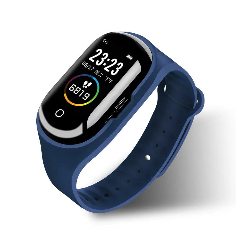Smart bracelet with integrated earphones on silicone wristband showing 1-inch screen, in black colour