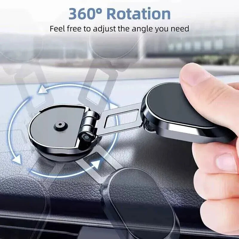 Chrome folding magnetic car phone holder mounted on a dashboard, shown in both extended and compact folded positions.