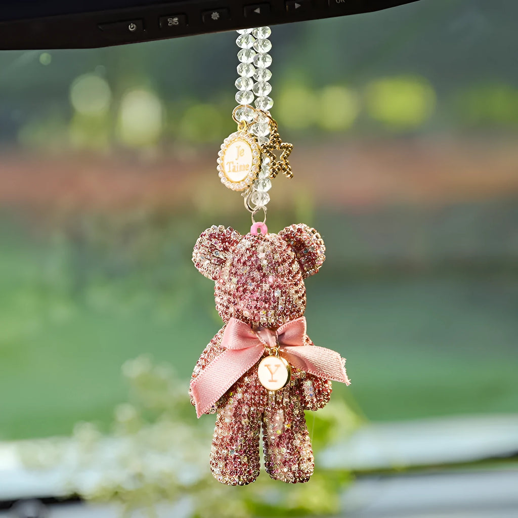 Violent Bear character car rearview mirror pendant with diamond-embedded rhinestones.