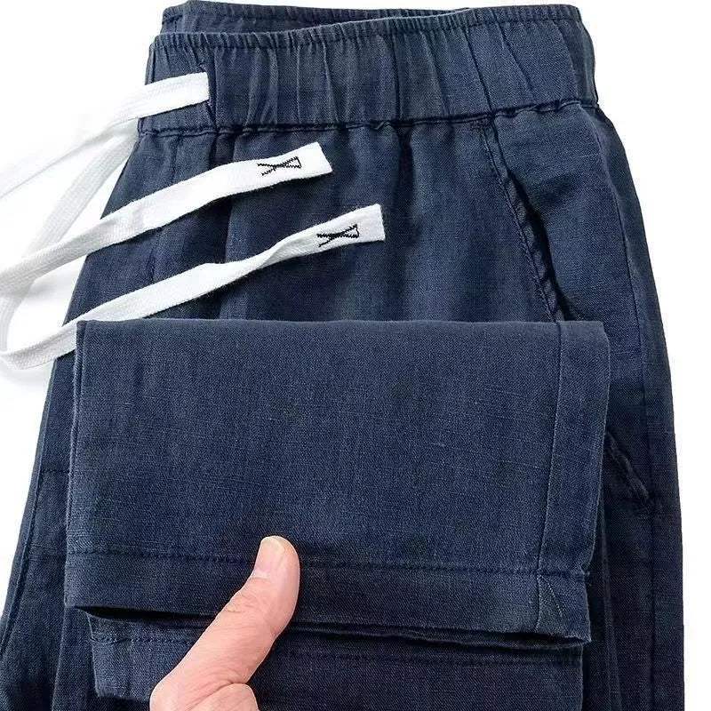 Pure linen Chinese-style straight trousers with elastic waistband in multiple colour options