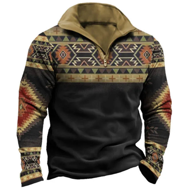 Men's loose fit long sleeve t-shirt with retro colour printing and stripe pattern, showing zip detail on sleeve.