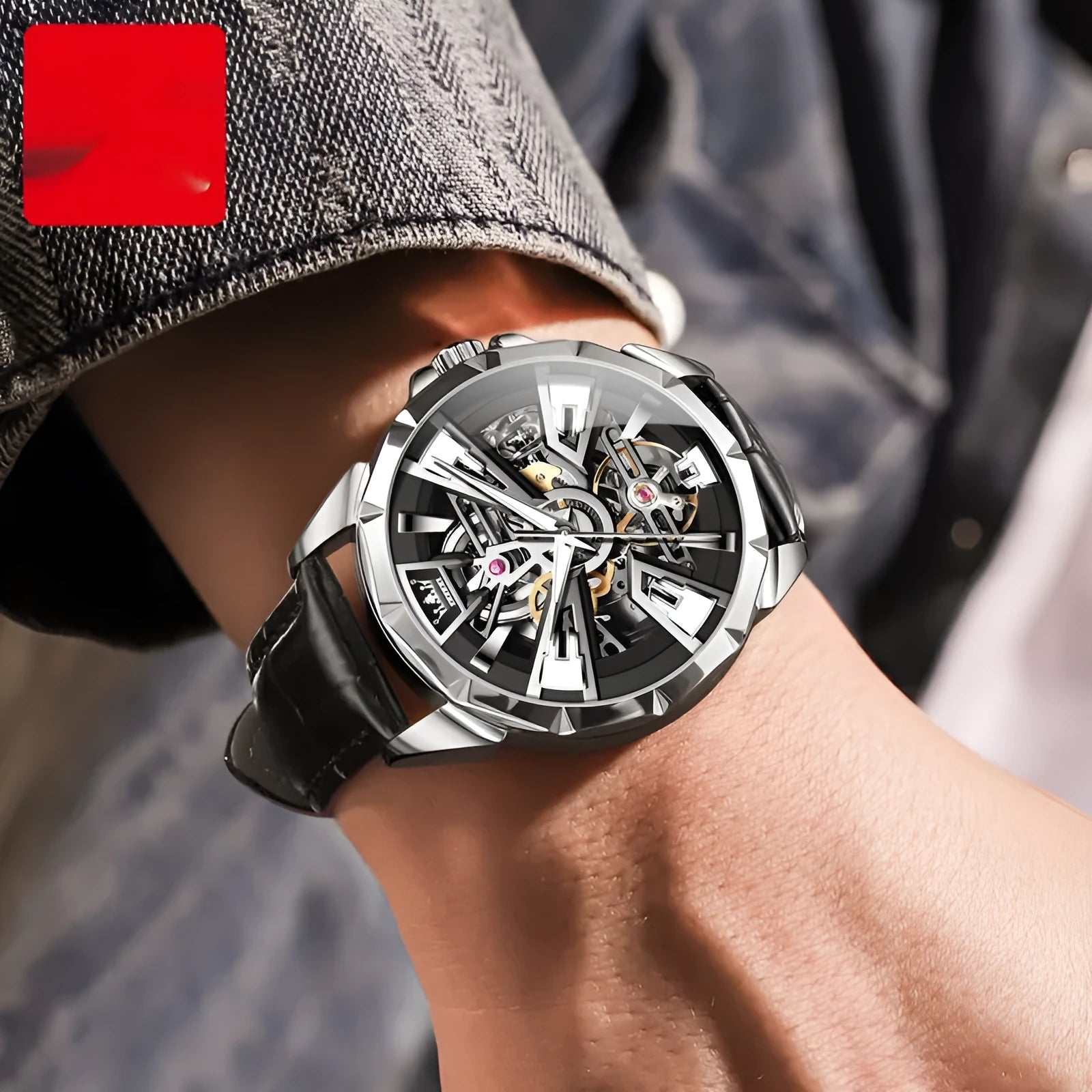 Automatic mechanical watch for men with skeleton dial, stainless steel case, and brown leather strap.
