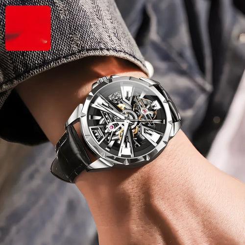 Automatic mechanical watch for men with skeleton dial, stainless steel case, and brown leather strap.