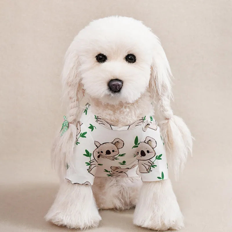 Small dog wearing a printed casual polyester T-shirt, showing the full-print design and fit.