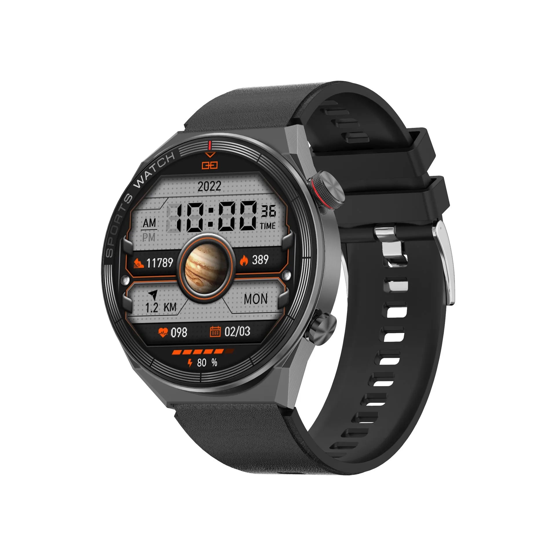 Black smart watch with large colour screen displaying time and notifications on a leather strap