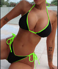 Women's lace-up triangle bikini top with matching split-leg bottoms in a colour style.