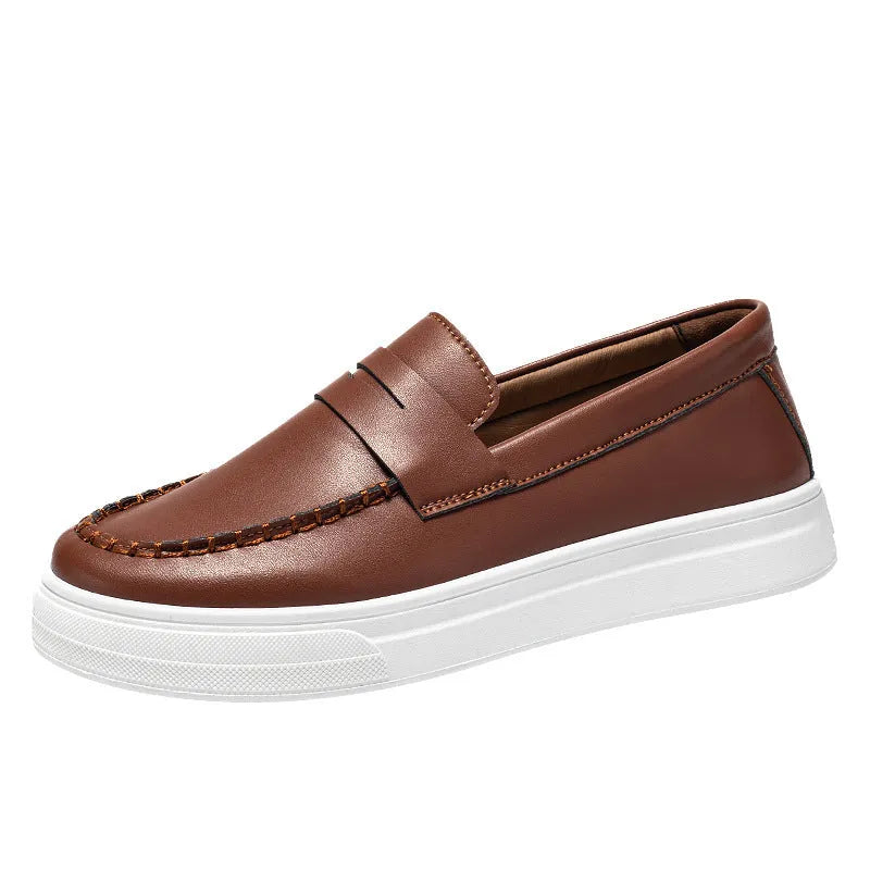British style casual leather shoes in artificial PU, round toe, shown in white, black and white, and khaki colours.