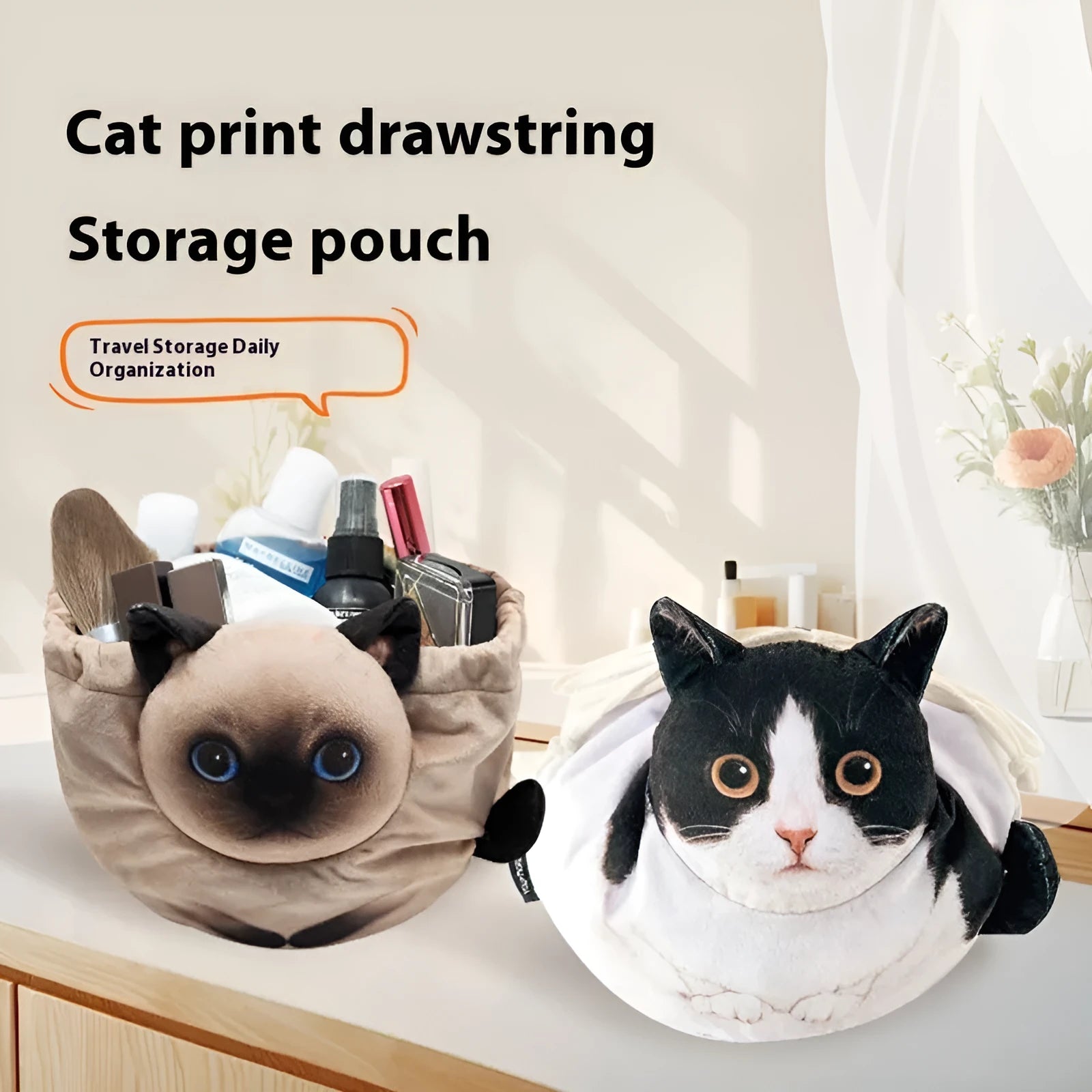 Creative Japanese cat printing drawstring storage bag with plush material and polyester lining in fresh sweet style