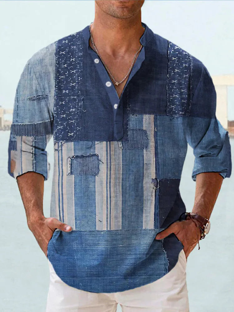 Thin casual digital bamboo linen Hawaiian long sleeve shirt with striped pattern in cardigan style