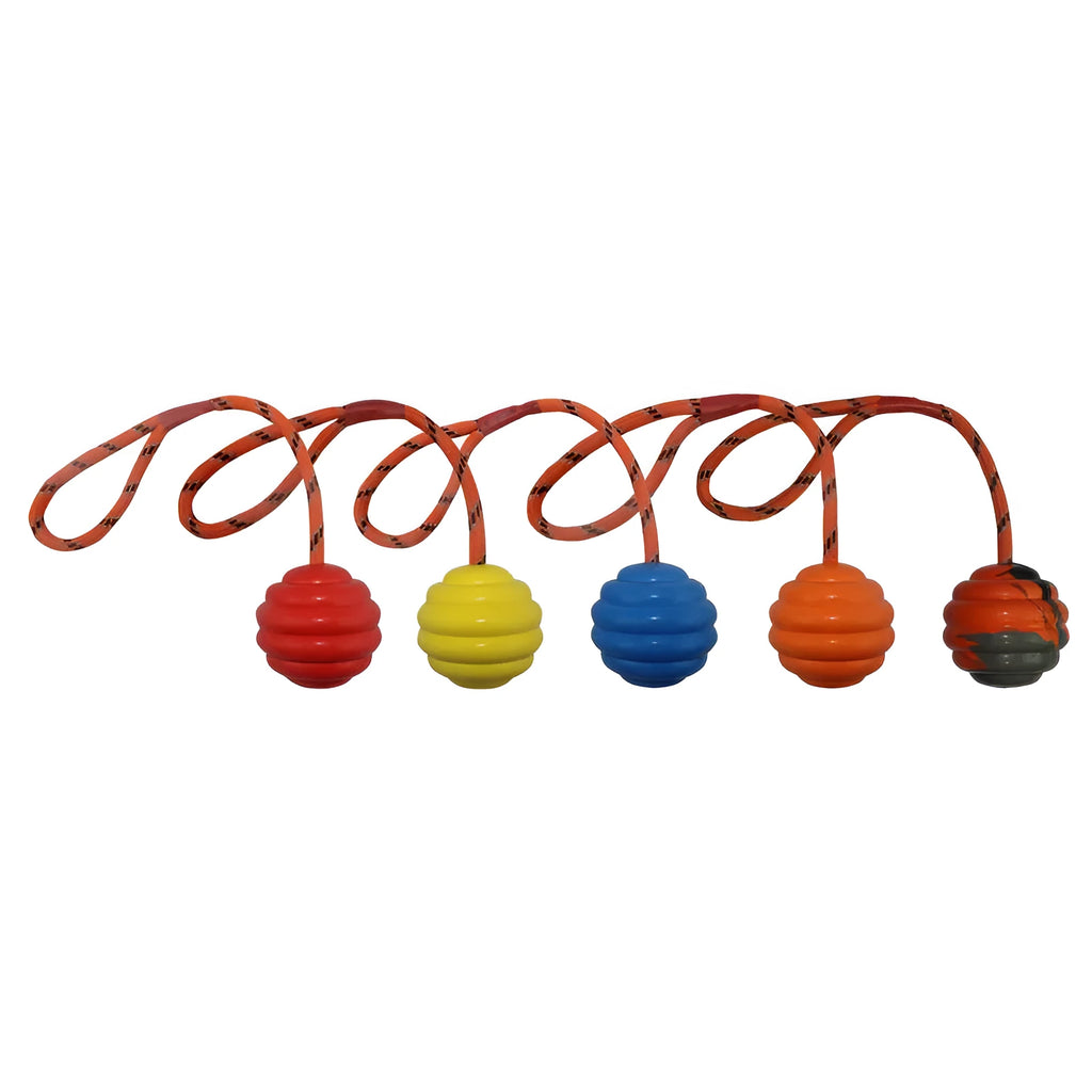 Multi-colour rubber dog toy ball with rope knot design measuring 6cm by 30cm