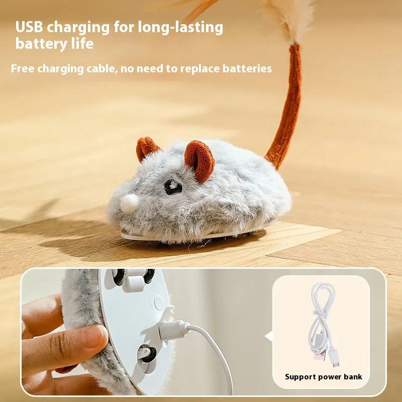 Self-charging electric mouse cat pole toy with plush mouse in pink, dark grey, or purple colours