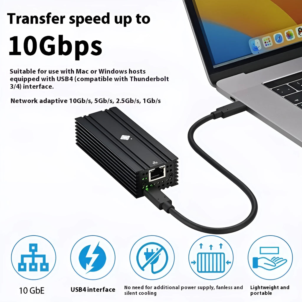 Black Leyu USB4 to 10 Gigabit Ethernet network adapter with RJ45 port and short cable.