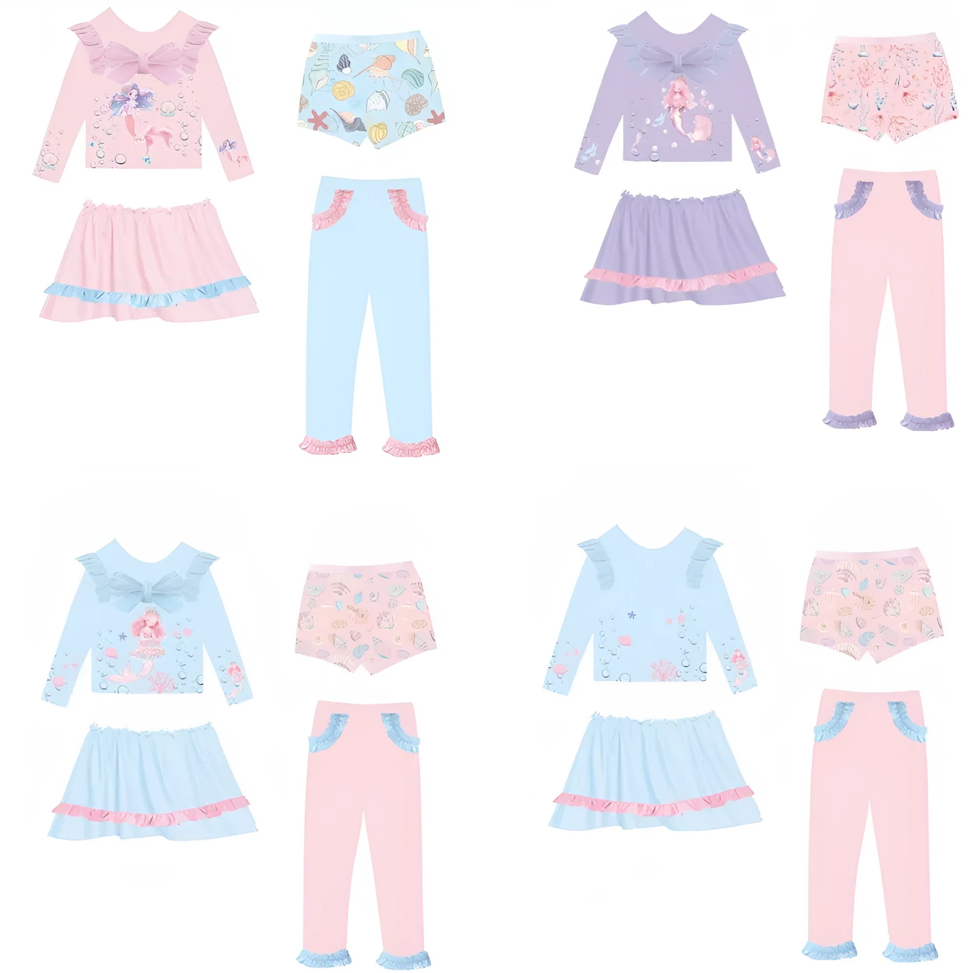 Girls' gilded mermaid swimsuit set with matching skirt and trousers in four colour options