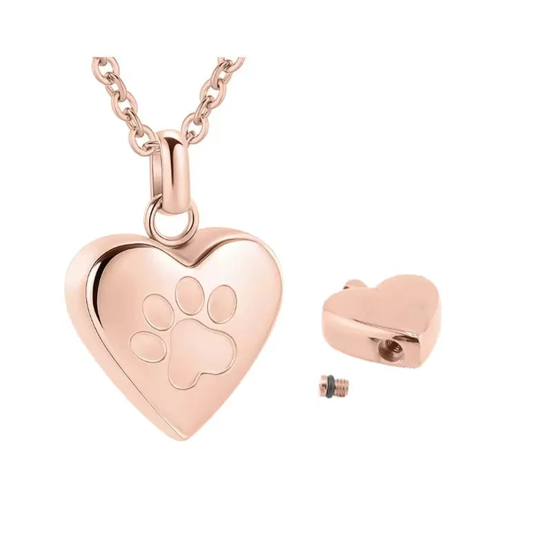 Simple titanium steel heart pendant necklace with paw print, opens for keepsakes.