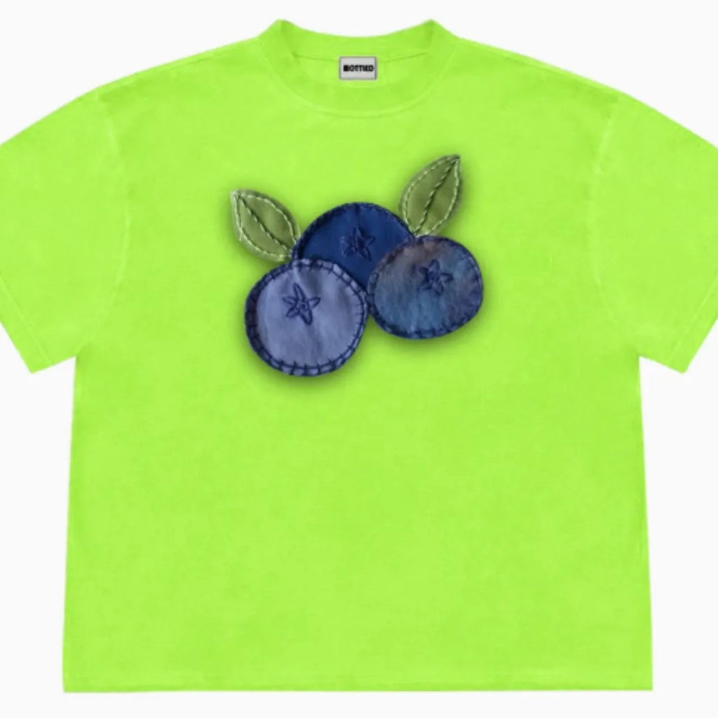 Blueberry fruit patchwork pattern t-shirt in ice oxygen cotton fabric with loose fit and short sleeves
