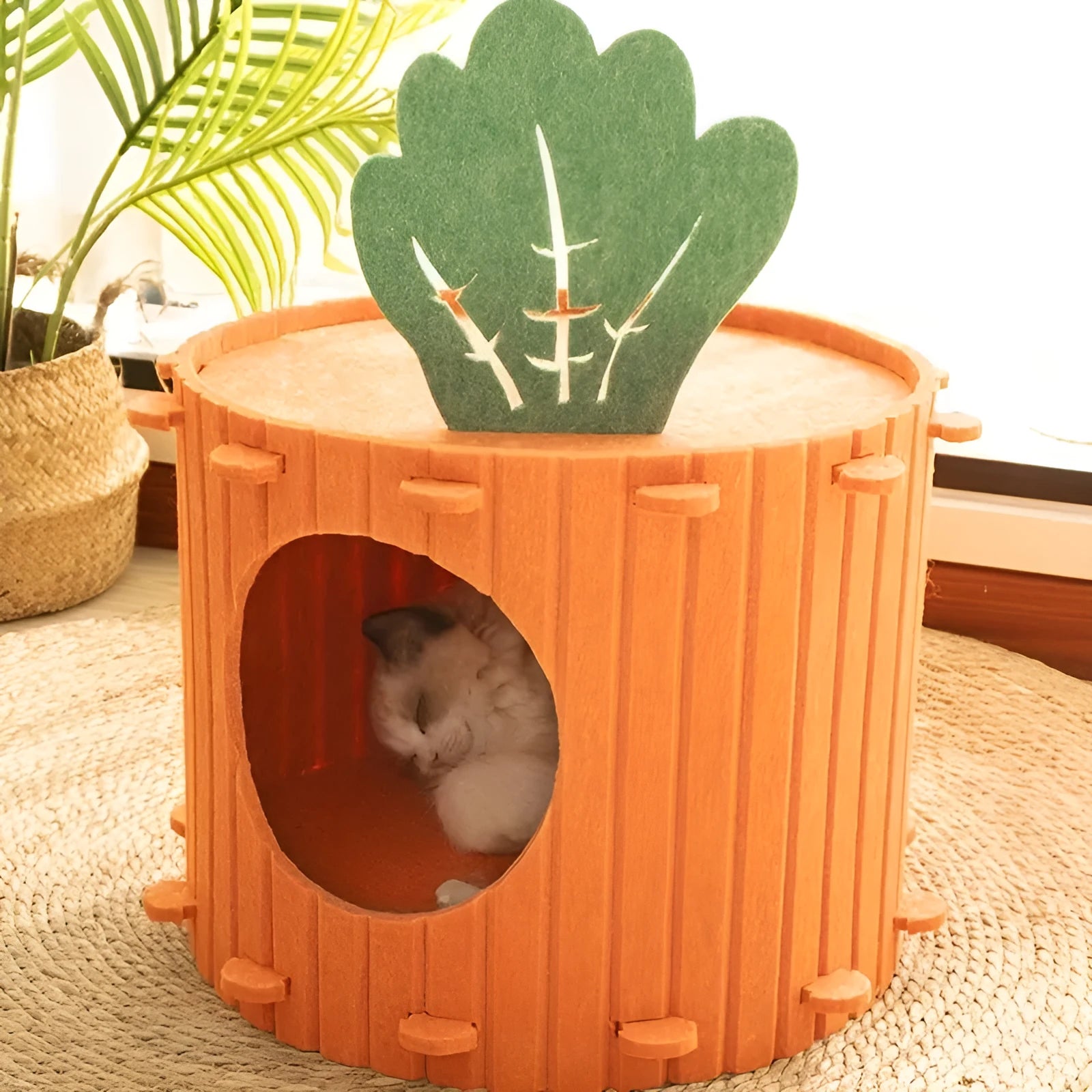 Carrot-shaped soft grey felt cat tunnel with openings, shown in two size options for indoor cats.