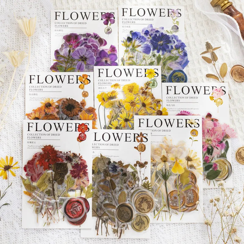 Set of dried flower journal decoration stickers in 8 styles including Dark Night Purple and rose nebula designs