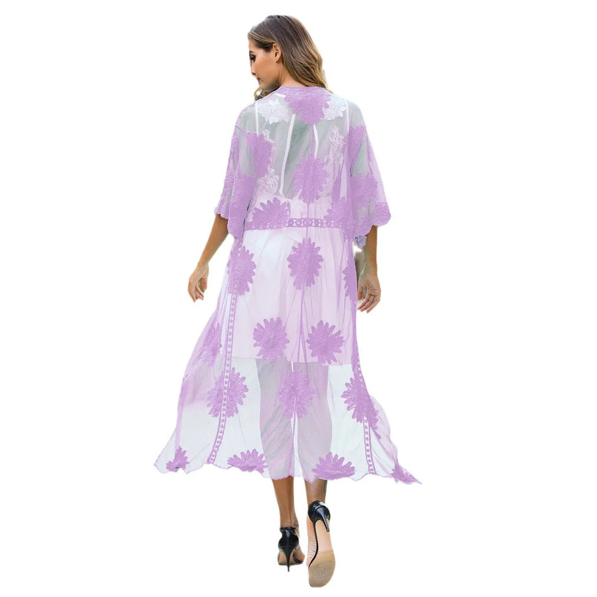 Light purple lace embroidery beach cover-up dress for women with cotton blend lining