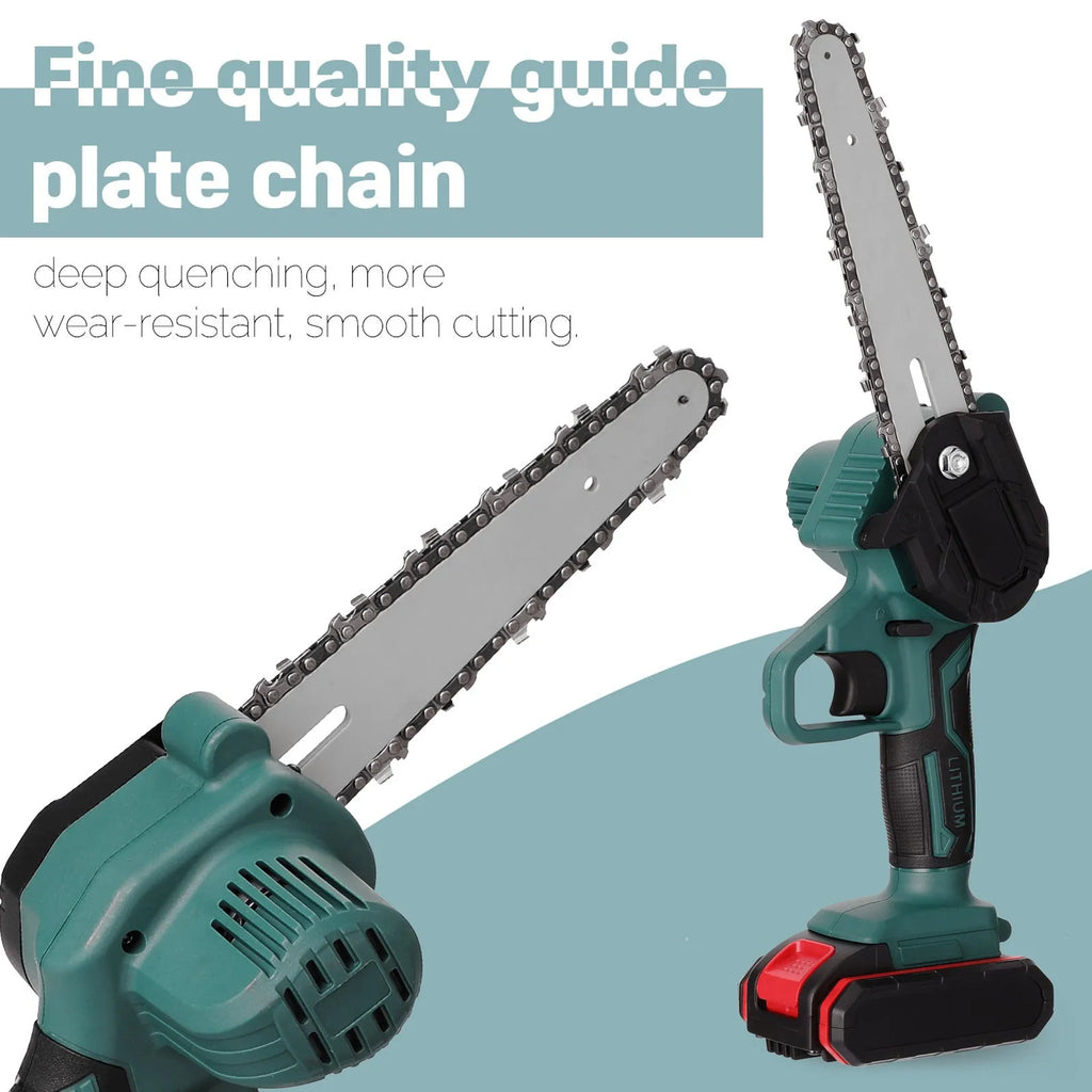 Black mini electric chainsaw with 4-inch guide bar showing compact one-hand design