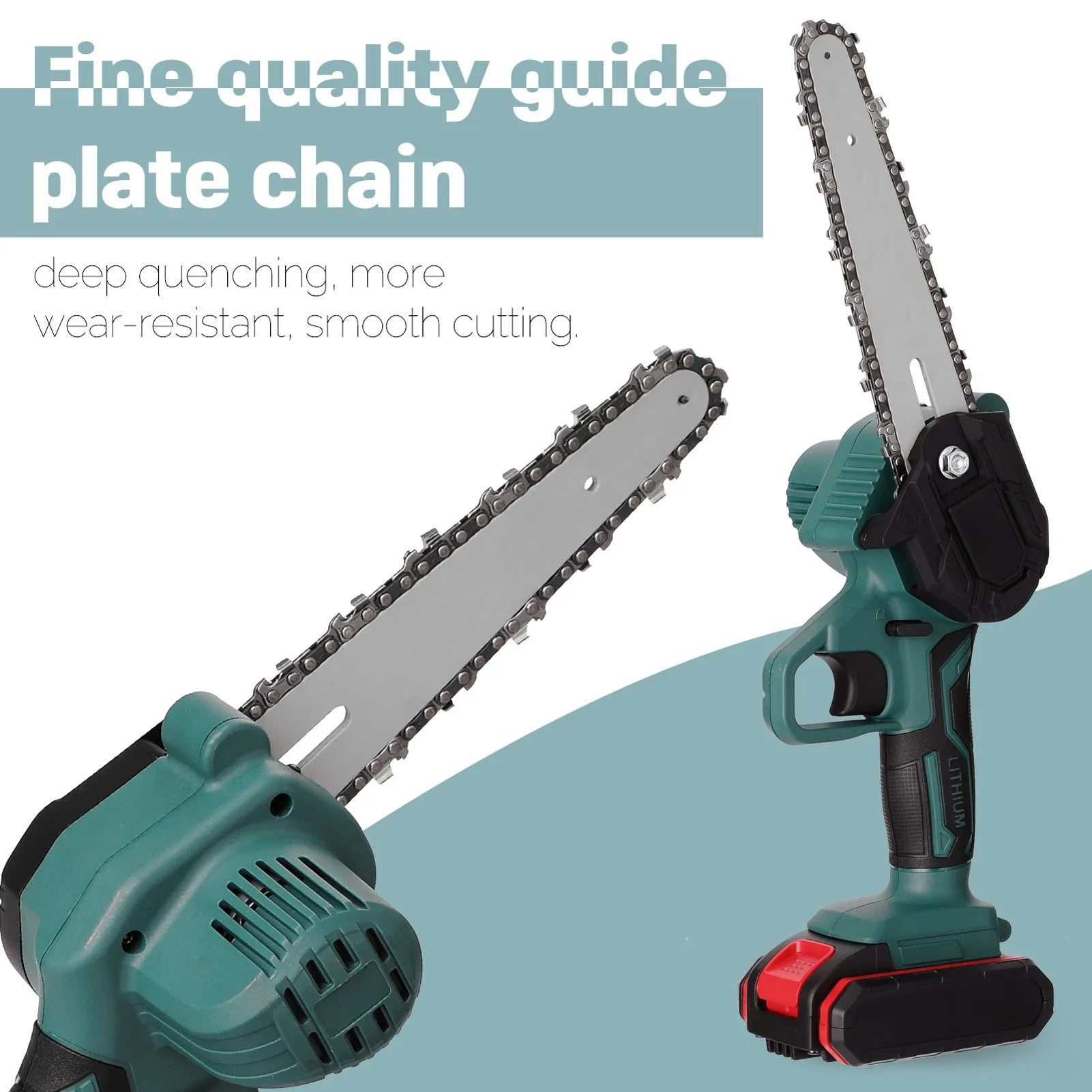 Black mini electric chainsaw with 4-inch guide bar showing compact one-hand design