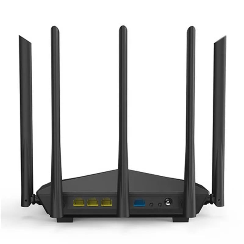 Black AC11 wireless router showing gigabit ports, with UK plug style.