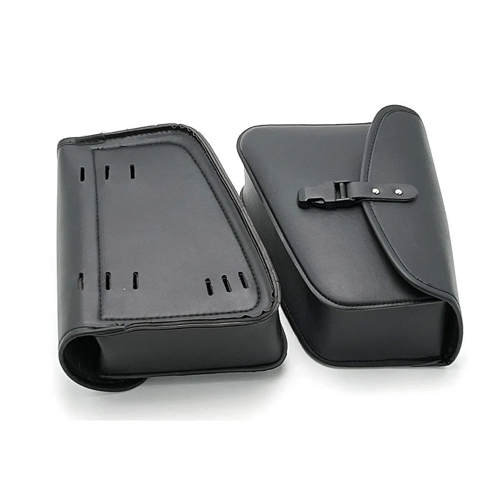 Black PU leather motorcycle swingarm bag for Harley Davidson Sportster showing left and right mounting options