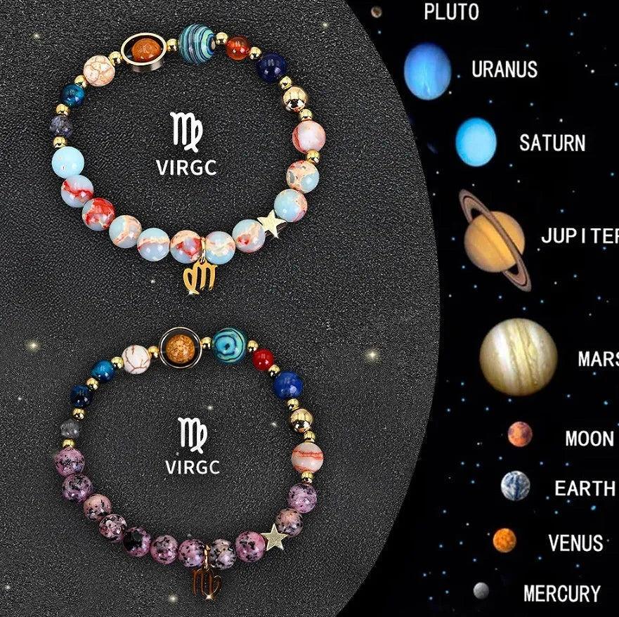 Twelve zodiac sign natural stone bead bracelets with astrology charms