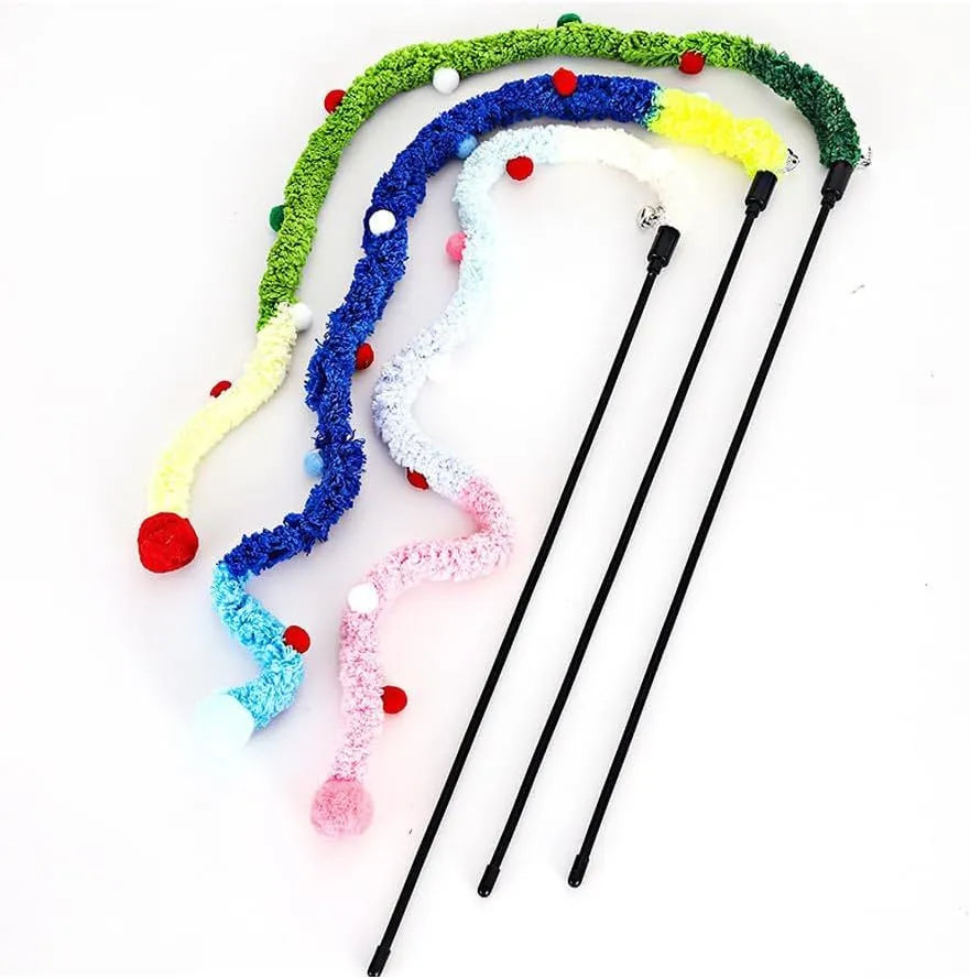 Blue plush strip cat wand toy with colourful fluffy bell attachment on 41cm pole