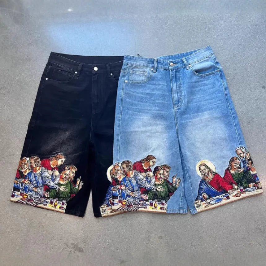 Blue men's cotton shorts with a Jesus graphic printed on the back pocket