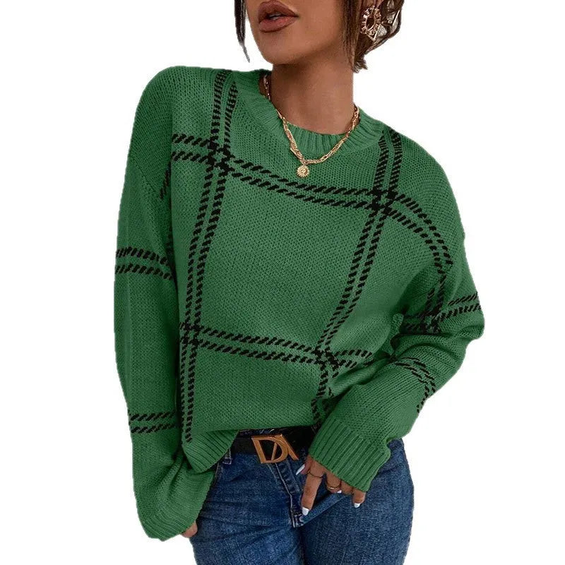 Women's loose casual plaid colour-block crew neck sweater with striped pattern