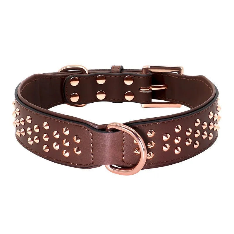 Leather dog collar with metal rivets in black, chocolate, or pink colour, shown in L and XL sizes.
